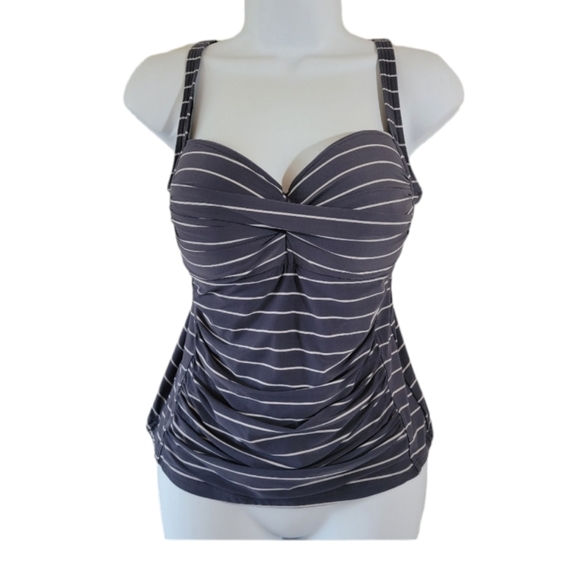 Bond-Eye Australia Tankini Sz 10 Gray/White Stripe Wired Bra Pleated Beach - Picture 1 of 9